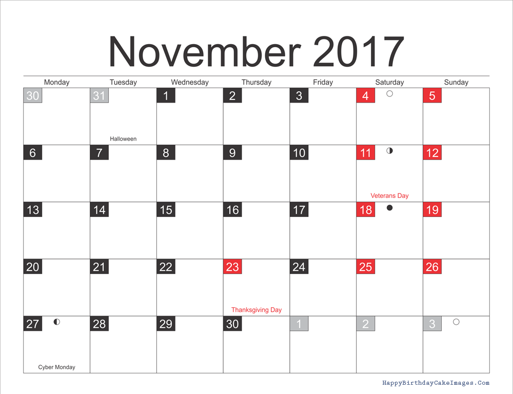 november 2017 printable calendar with holidays and moon phases