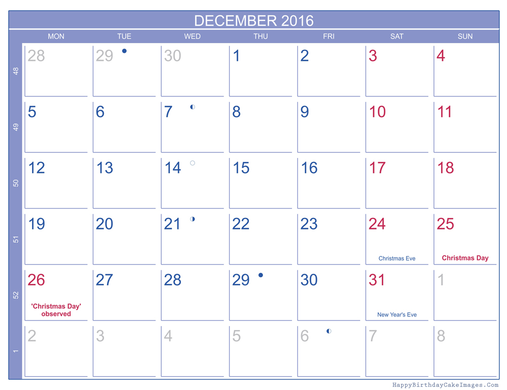 December 2016 Calendar Printable Template