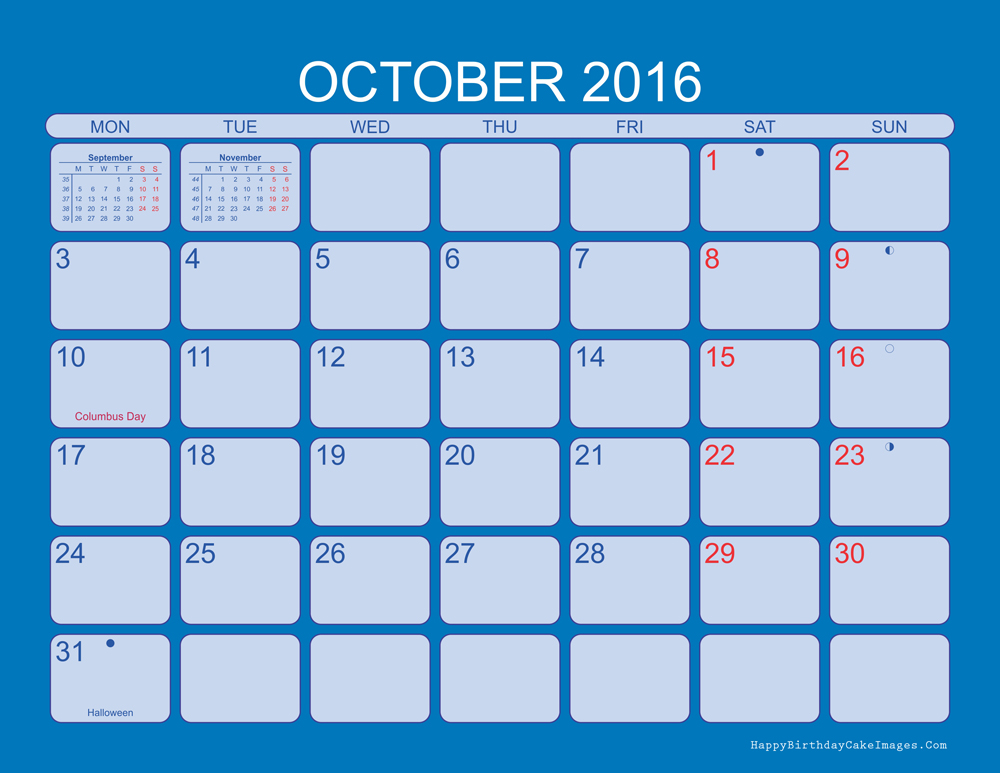 October 2016 Calendar Printable Template